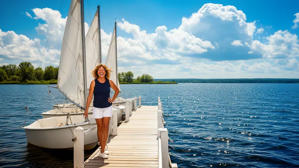 Smiling woman with windswept hair on a wooden dock beside small white sailboats on a wide blue lake